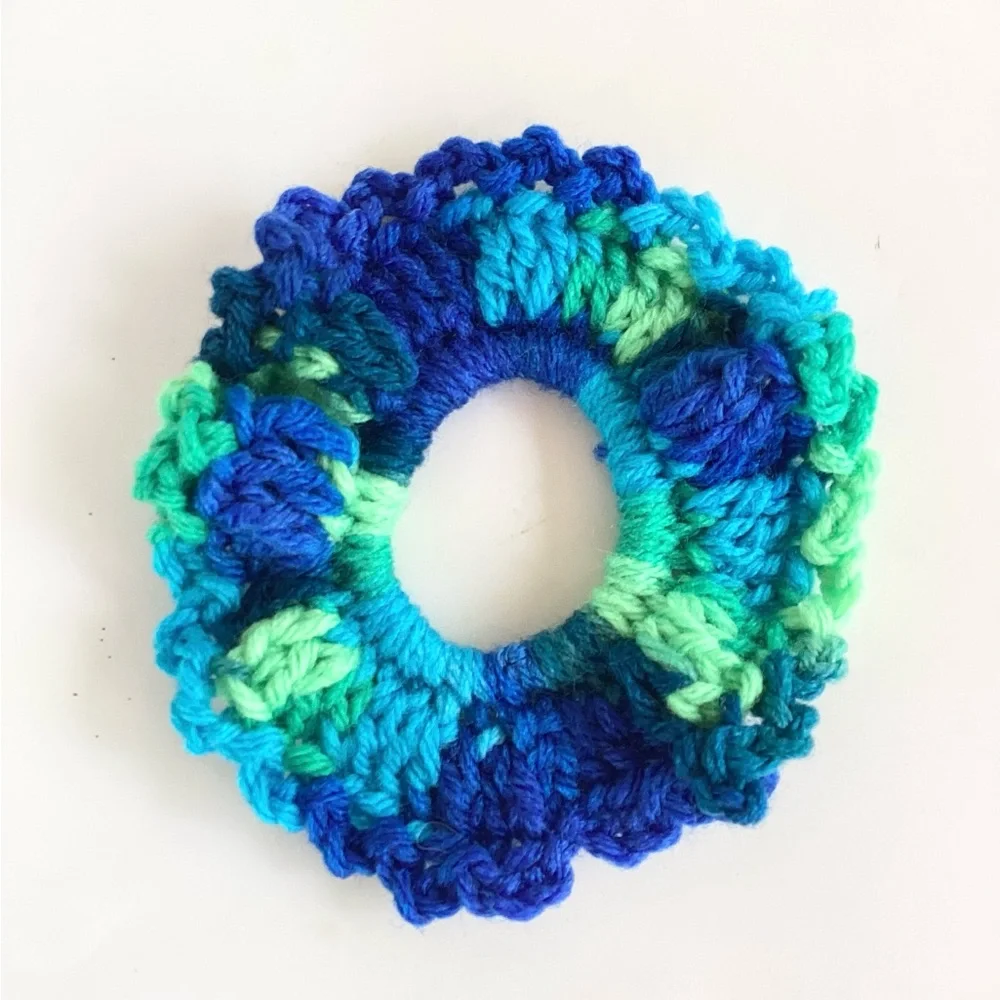 Hair Scrunchies Hand Crafted Blue Green Aquamarine Crochet Boho Messy Bun